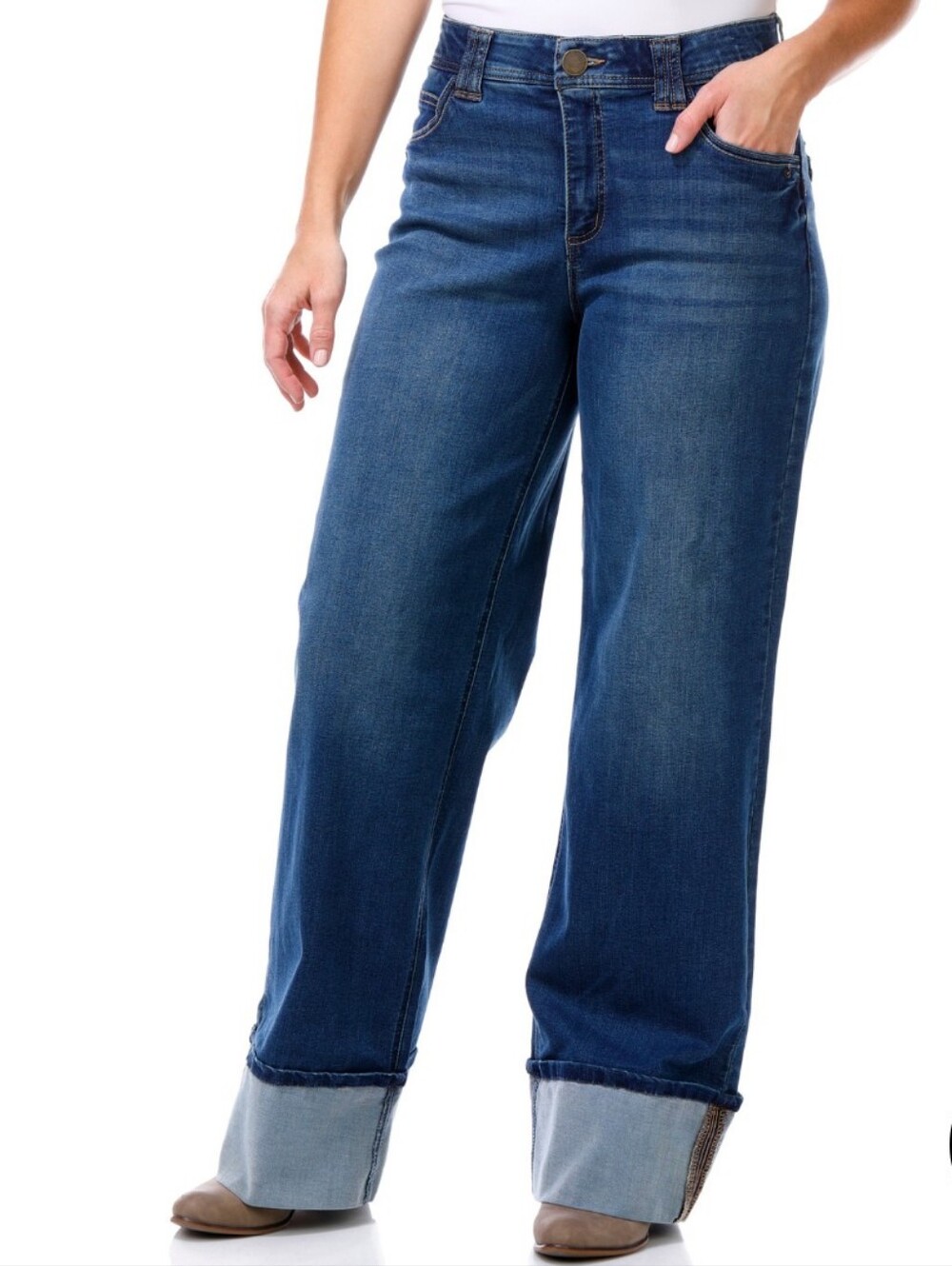 Democracy Women’s Ab-tec Jeans Size 12 Blue Denim Fixed Cuffed Wide Leg New